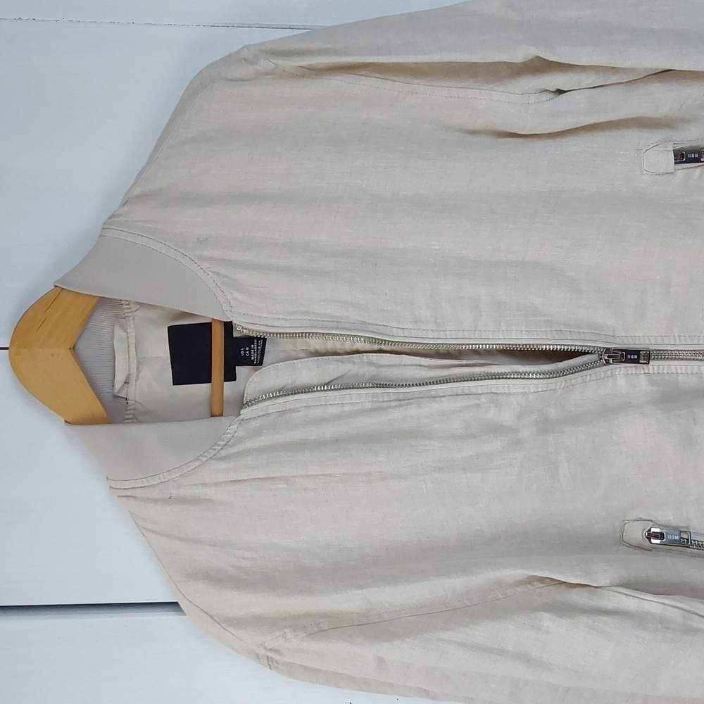 H&M Mens Cream Linen Coat Jacket Neutral Dressy Preppy Zipper Pockets Sz.Large